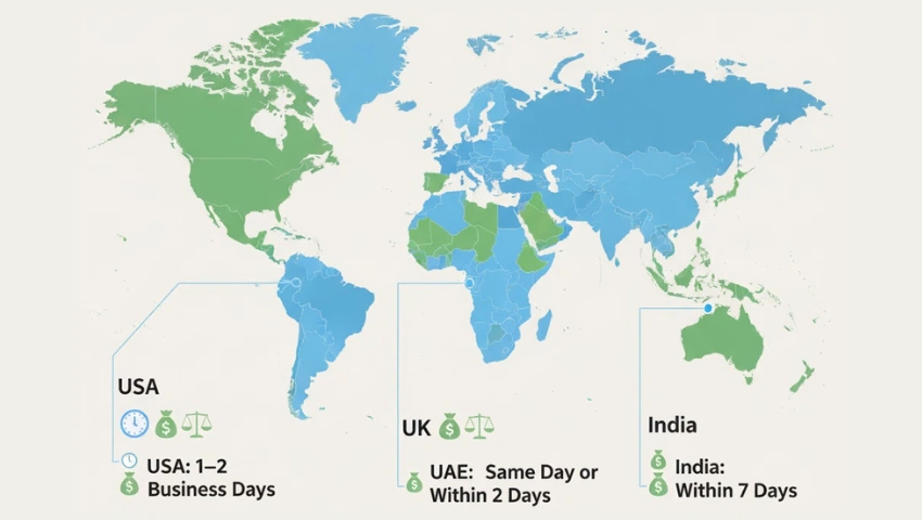 World map showing payday rules in USA, UK, UAE & India